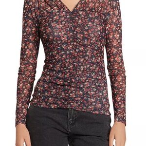 Sandro Bethanie Stretch Ruched Floral Sheer Long Sleeve Top (Size: Small)